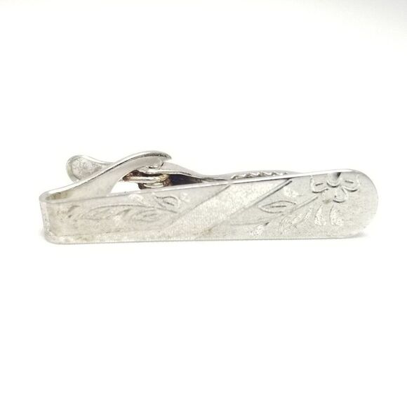 Vintage Sterling Silver Tie Bar Tie Clip, Floral Etched Design, Retro Estate - Picture 2 of 6